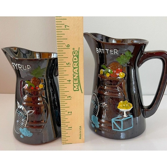 Pitcher Breakfast Table Pancake Batter High Gloss 1950’s Brown PAIR - Picture 5 of 5